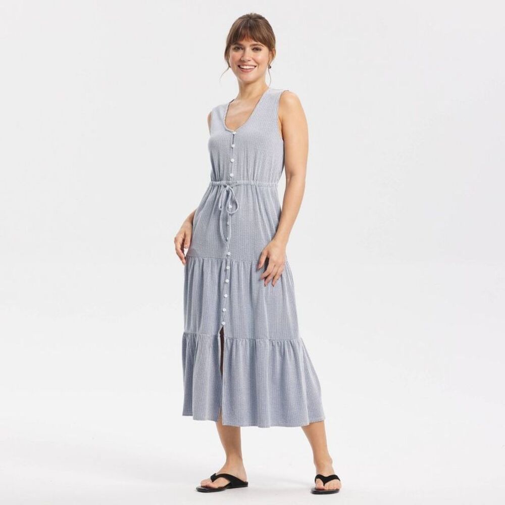 Women's Button-Front Tiered Midi Dress - Universal Thread Blue Striped XL